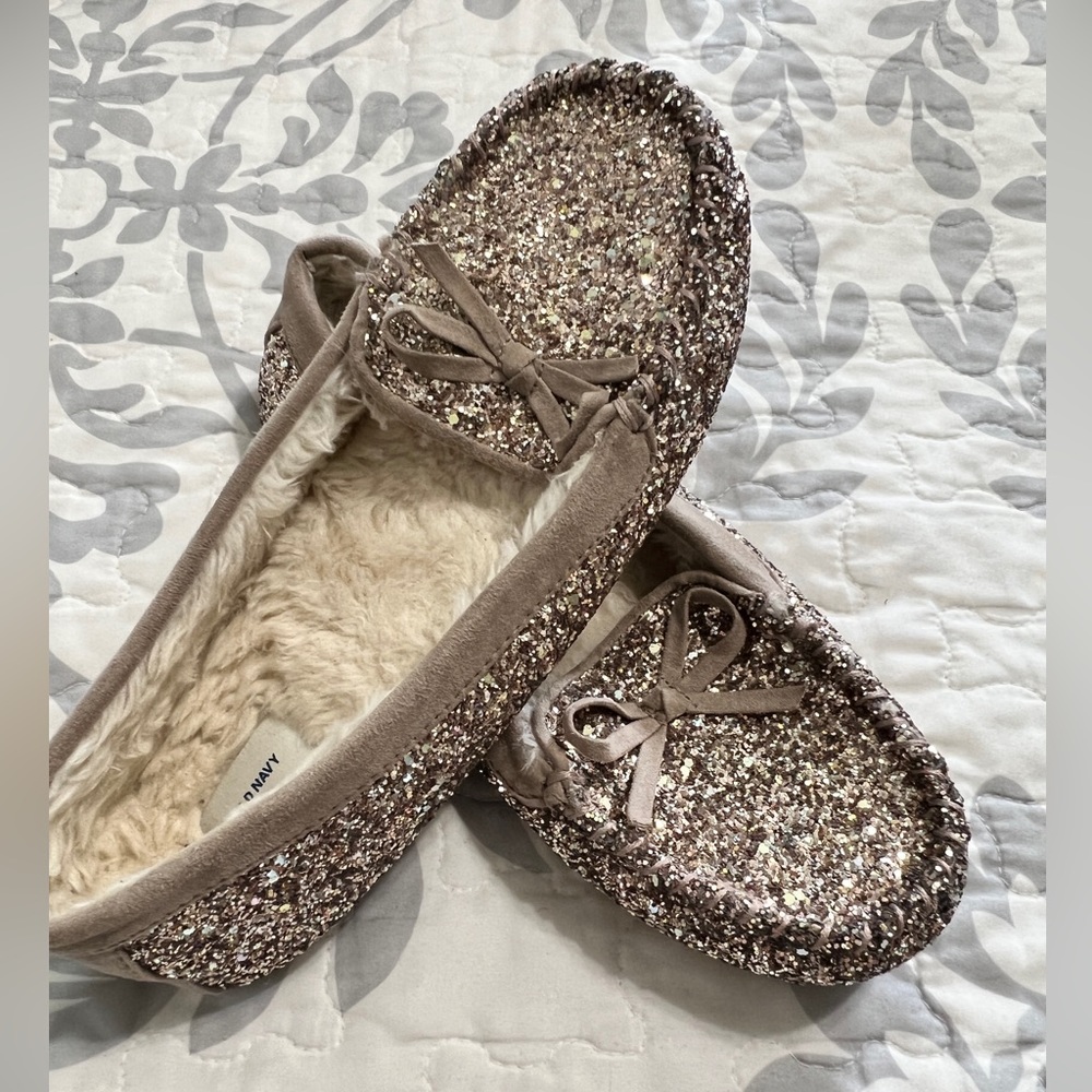 Gold Sequin Glitter Moccasin Slippers